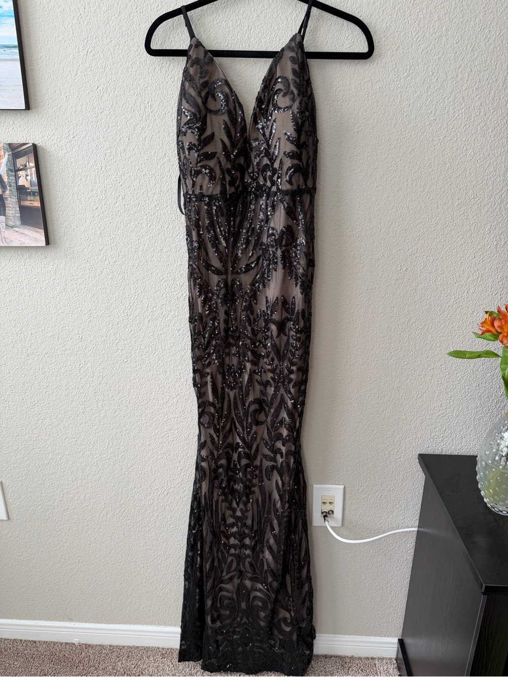 Fashion Nova Black Sequin Lace Gown with Nude Underlay